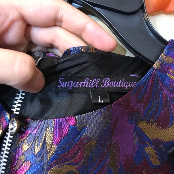 Purple Floral Metallic Fit & Flare Dress Sz L - Picture 2 of 6